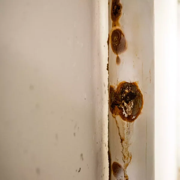 Närbild av en rostig, korroderad metallyta med flera runda fläckar av rost. Det omgivande området är en ljusgrå färg med subtil textur. Rosten skapar ett väderbitet utseende på metallen.