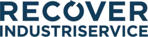 Logotyp som visar texten RECOVER INDUSTRISERVICE med mörkblå versaler. Designen är djärv och modern.