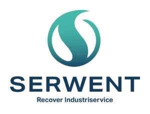 Logotypen för Serwent, med en stiliserad grön och blå virvel ovanför företagsnamnet med feta, mörkblå bokstäver. Under namnet står texten Recover Induservices.