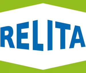 Logotyp med ordet RELITA i fetblå bokstäver på en vit sexkantig bakgrund. Hexagonen kantas av ett grönt fält, vilket skapar en kontrasterande ram runt texten.