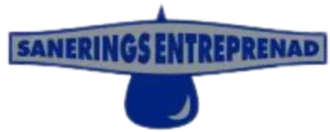 Logotyp med texten SANERINGS ENTREPRENAD i blått på en grå banderoll, med en blå droppform under banderollen.