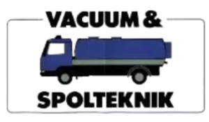 Logotyp med en blå vakuumbilsillustration med texten Vacuum & Spolteknik ovanför och under, innesluten i en rektangulär ram.