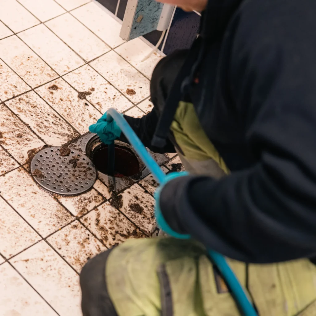 stamspolning_serwent En person med handskar och arbetskläder utför stamspolning för att rengöra en smutsig, igensatt golvbrunn på vitt kakel med hjälp av ett blått verktyg, med smuts och skräp utspridda runt avloppsöppningen.