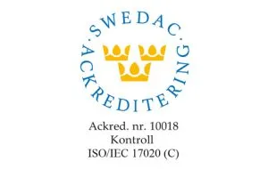 sv_Swedac_201208_115711 Blå cirkelformad Swedac Ackreditering-logotyp med tre gula kronor i mitten. Nedanför står texten: Ackred. nr. 10018 Kontroll ISO/IEC 17020 (C). Lämplig för användning med fettavskiljare installationer.