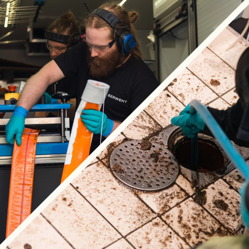 Delad bild: Vänster sida - arbetare med handskar och hörlurar som hanterar ett orange föremål i en industrimiljö. Höger sida - handskbeklädda händer som rengör ett smutsigt avlopp med ett verktyg på ett klinkergolv.