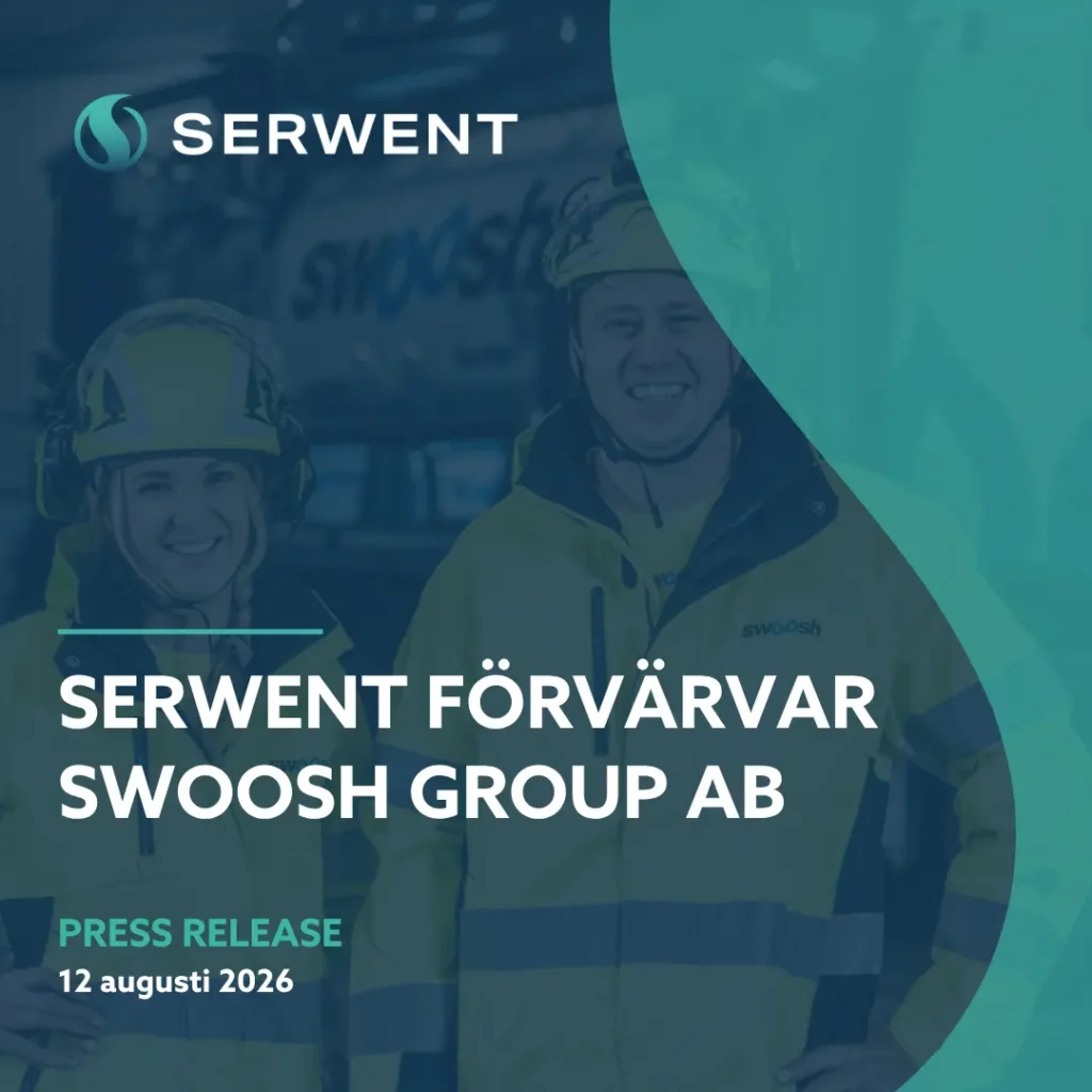 pressmeddelande_swoosh_serwent Två personer i skyddsutrustning ler framför ett fordon. Texten lyder: Serwent förvärvar SWOOSH Group AB. Pressmeddelande 12 augusti 2026. Serwents logotyp finns uppe till vänster.