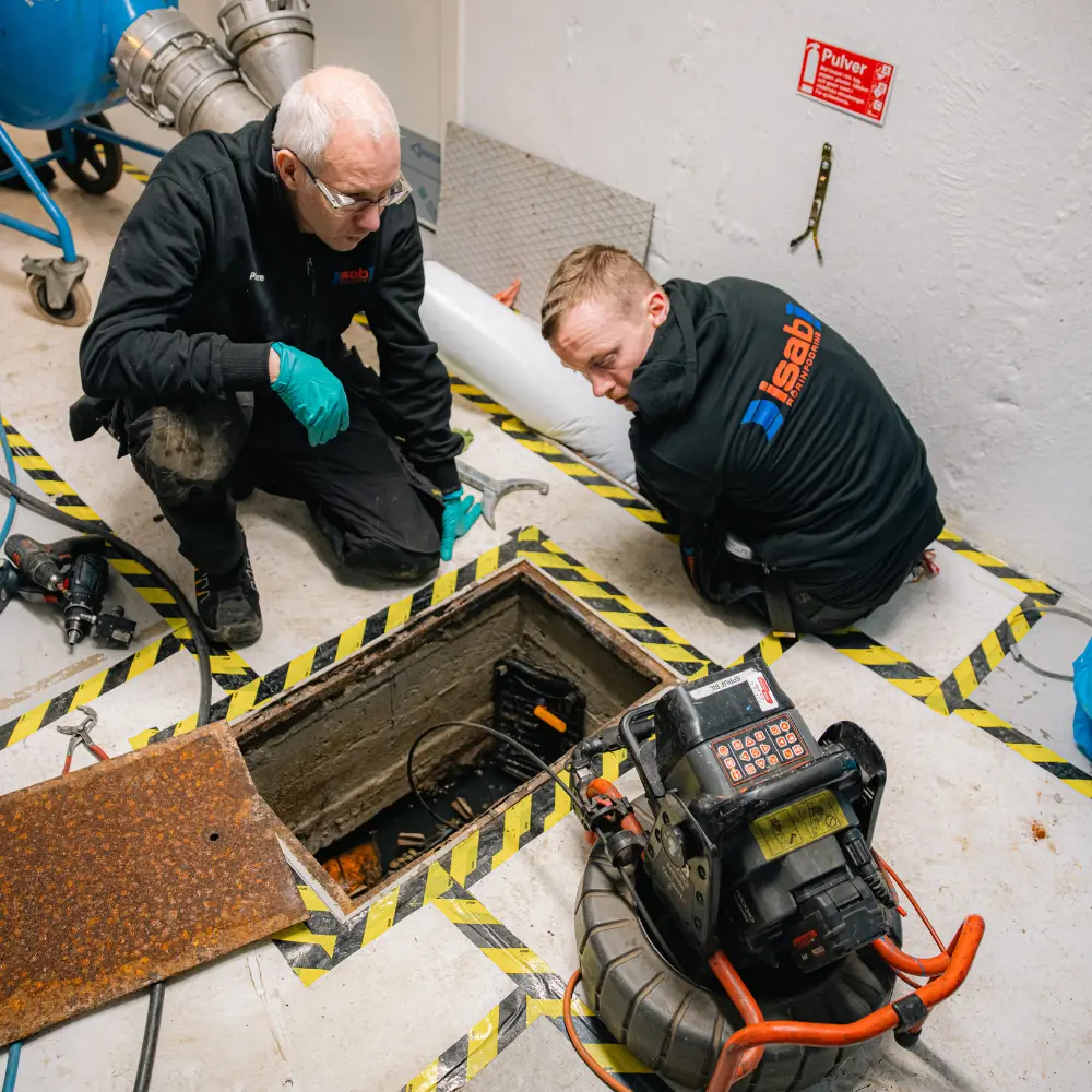 Två tekniker i arbetskläder med företagslogotyp inspekterar en öppen underhållsöppning i ett golv som är avspärrat med gult och svart varningsband.